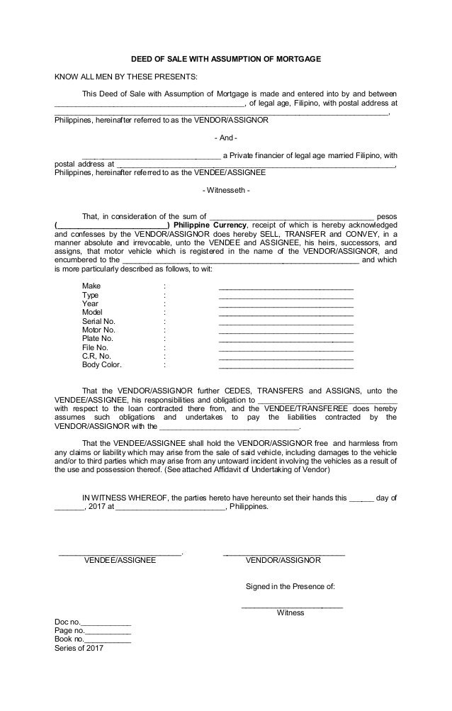 Deed of sale with assumption of mortgage