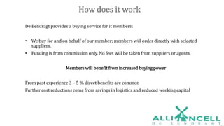 How does it work
De Eendragt provides a buying service for it members:
• We buy for and on behalf of our member; members will order directly with selected
suppliers.
• Funding is from commission only. No fees will be taken from suppliers or agents.
Members will benefit from increased buying power
From past experience 3 – 5 % direct benefits are common
Further cost reductions come from savings in logistics and reduced working capital
 