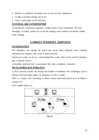 12 
 Batteries are artificially discharged once in a year for their maintenance. 
 Cooling is provided through fans & AC. 
 There is earth region too for protection. 
CENTRAL AIR CONDITIONER 
For the function of electrical equipment, cooling system is basic requirement. The basic 
advantages of cooling systems are to cool the exchange and to maintain the thermal stability 
of the exchange. 
VARIOUS INTERNET SERVICES 
LEASED LINES 
The information sent through the leased line travels along dedicated secure channels, 
eliminating the congestion that occurs in shared networks. 
between two points set up by a telecommunications carrier. They can be used for telephone, 
data, or Internet services 
A leasedline (dedicated line) is a permanent fiber optic or telephone connection. 
WI-FI (WIRELESS FIDELITY) 
A Wi-Fi network provides the features and benefits of traditional LAN technologies such as 
Ethernet and Token Ring without the limitations of wires or cables 
WIFI is a wireless LAN Technology to deliver wireless broad band speeds up to 54 Mbps to 
Laptops, PCs 
Wi-Fi enabled phones etc. 
Fig(1.6) 
 