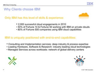 Why Clients choose IBM   Only IBM has this level of skills & experience: •  2,000 successful cloud engagements in 2010 •  50% of Fortune 10 & Fortune 50 working with IBM on private clouds  •  80% of Fortune 500 companies using IBM cloud capabilities IBM is uniquely positioned with end-to-end capabilities: •  Consulting and Implementation services: deep industry & process expertise  •  Leading Hardware, Software & Research: industry leading cloud technologies  •  Managed Services across workloads: network of global delivery centers   