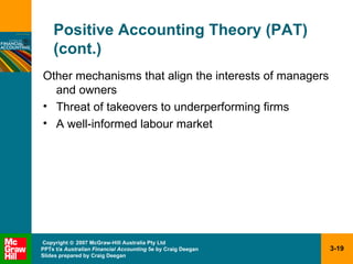 Positive Accounting Theory (PAT) (cont.) Other mechanisms that align the interests of managers and owners  Threat of takeovers to underperforming firms A well-informed labour market 