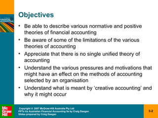 Objectives Be able to describe various normative and positive theories of financial accounting Be aware of some of the limitations of the various theories of accounting Appreciate that there is no single unified theory of accounting Understand the various pressures and motivations that might have an effect on the methods of accounting selected by an organisation Understand what is meant by ‘creative accounting’ and why it might occur 
