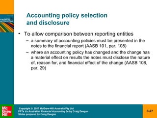 Accounting policy selection  and disclosure To allow comparison between reporting entities a summary of accounting policies must be presented in the notes to the financial report (AASB 101, par. 108) where an accounting policy has changed and the change has a material effect on results the notes must disclose the nature of, reason for, and financial effect of the change (AASB 108, par. 29)  