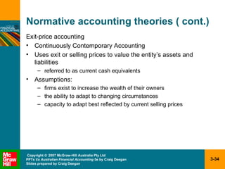 Normative accounting theories ( cont.) Exit-price accounting Continuously Contemporary Accounting Uses exit or selling prices to value the entity’s assets and liabilities referred to as current cash equivalents Assumptions: firms exist to increase the wealth of their owners the ability to adapt to changing circumstances capacity to adapt best reflected by current selling prices 