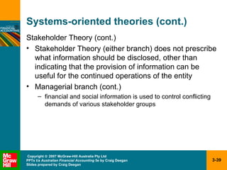 Systems-oriented theories (cont.) Stakeholder Theory (cont.) Stakeholder Theory (either branch) does not prescribe what information should be disclosed, other than indicating that the provision of information can be useful for the continued operations of the entity Managerial branch (cont.) financial and social information is used to control conflicting demands of various stakeholder groups 