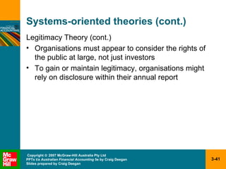 Systems-oriented theories (cont.) Legitimacy Theory (cont.) Organisations must appear to consider the rights of the public at large, not just investors To gain or maintain legitimacy, organisations might rely on disclosure within their annual report 