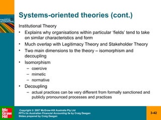 Systems-oriented theories (cont.) Institutional Theory Explains why organisations within particular ‘fields’ tend to take on similar characteristics and form Much overlap with Legitimacy Theory and Stakeholder Theory Two main dimensions to the theory – isomorphism and decoupling Isomorphism coercive mimetic normative Decoupling actual practices can be very different from formally sanctioned and publicly pronounced processes and practices 