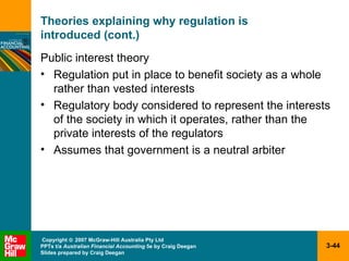 Theories explaining why regulation is  introduced (cont.) Public interest theory Regulation put in place to benefit society as a whole rather than vested interests Regulatory body considered to represent the interests of the society in which it operates, rather than the private interests of the regulators Assumes that government is a neutral arbiter 