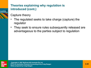 Theories explaining why regulation is  introduced (cont.) Capture theory The regulated seeks to take charge (capture) the regulator They seek to ensure rules subsequently released are advantageous to the parties subject to regulation 