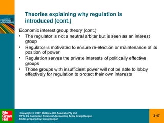 Theories explaining why regulation is  introduced (cont.) Economic interest group theory (cont.) The regulator is not a neutral arbiter but is seen as an interest group Regulator is motivated to ensure re-election or maintenance of its position of power Regulation serves the private interests of politically effective groups Those groups with insufficient power will not be able to lobby effectively for regulation to protect their own interests 