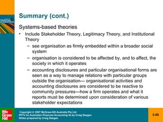 Summary (cont.) Systems-based theories Include Stakeholder Theory, Legitimacy Theory, and Institutional Theory see organisation as firmly embedded within a broader social system organisation is considered to be affected by, and to affect, the society in which it operates accounting disclosures and particular organisational forms are seen as a way to manage relations with particular groups outside the organisation —  organisational activities and accounting disclosures are considered to be reactive to community pressures — how a firm operates and what it reports must be determined upon consideration of various stakeholder expectations 