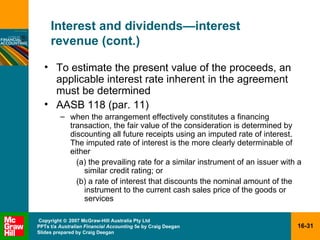 Interest and dividends — interest  revenue (cont.) To estimate the present value of the proceeds, an applicable interest rate inherent in the agreement must be determined AASB 118 (par. 11) when the arrangement effectively constitutes a financing transaction, the fair value of the consideration is determined by discounting all future receipts using an imputed rate of interest.  The imputed rate of interest is the more clearly determinable of either (a) the prevailing rate for a similar instrument of an issuer with a similar credit rating; or (b) a rate of interest that discounts the nominal amount of the instrument to the current cash sales price of the goods or services 