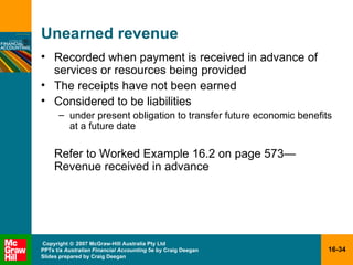 Unearned revenue Recorded when payment is received in advance of services or resources being provided The receipts have not been earned Considered to be liabilities under present obligation to transfer future economic benefits at a future date Refer to Worked Example 16.2 on page 573 —R evenue received in advance 