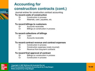 Accounting for  construction contracts (cont.) Journal entries for construction contract accounting To record costs of construction Dr Construction in process Cr Materials, cash, payables, etc. To record billings to customers Dr Accounts receivable Cr Billings on construction in process To record collections of billings Dr Cash Cr Accounts receivable To record contract revenue and contract expenses Dr Construction in process Dr Construction expenses (costs incurred) Cr Revenue from long-term contracts To record final approval of contract Dr Billings on construction in process Cr Construction in process 