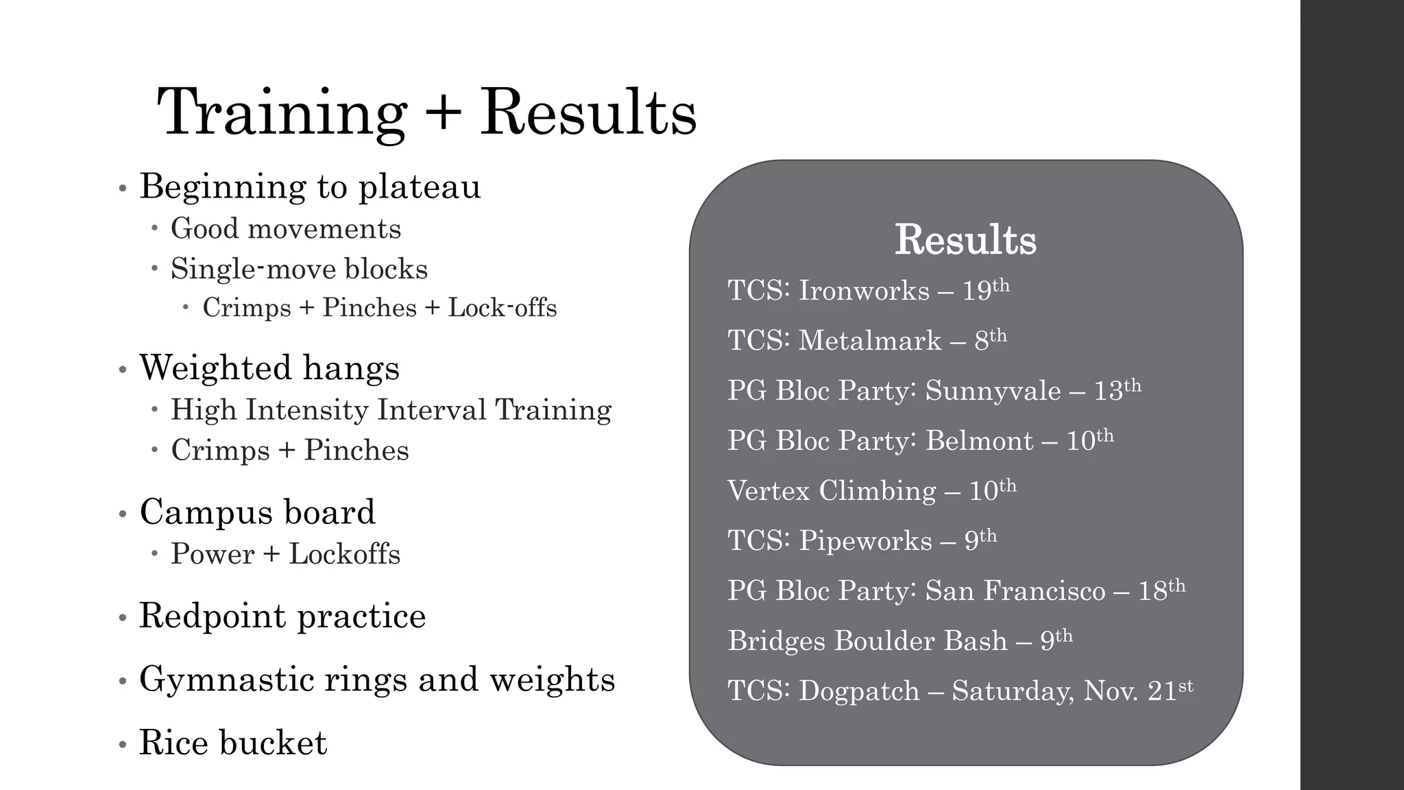 Training + Results
• Beginning to plateau
 Good movements
 Single-move blocks
 Crimps + Pinches + Lock-offs
• Weighted hangs
 High Intensity Interval Training
 Crimps + Pinches
• Campus board
 Power + Lockoffs
• Redpoint practice
• Gymnastic rings and weights
• Rice bucket
Results
TCS: Ironworks – 19th
TCS: Metalmark – 8th
PG Bloc Party: Sunnyvale – 13th
PG Bloc Party: Belmont – 10th
Vertex Climbing – 10th
TCS: Pipeworks – 9th
PG Bloc Party: San Francisco – 18th
Bridges Boulder Bash – 9th
TCS: Dogpatch – Saturday, Nov. 21st
 
