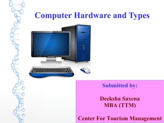 Computer Hardware and Types
Submitted by:
Deeksha Saxena
MBA (TTM)
Center For Tourism Management
 