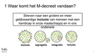 7
1 Waar komt het M-decreet vandaan?
Streven naar een grotere en meer
gelijkwaardige inclusie van mensen met een
handicap in onze maatschappij en in ons
onderwijs
 