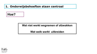 1. Onderwijsbehoeften staan centraal
Hoe?
Wat niet werkt wegnemen of afzwakken
Wat welk werkt uitbreiden
 