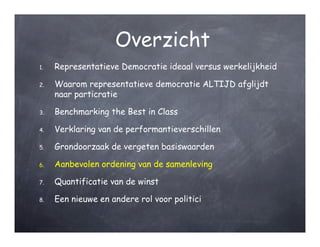 Overzicht
1.   Representatieve Democratie ideaal versus werkelijkheid

2.   Waarom representatieve democratie ALTIJD afglijdt
     naar particratie

3.   Benchmarking the Best in Class

4.   Verklaring van de performantieverschillen

5.   Grondoorzaak de vergeten basiswaarden

6.   Aanbevolen ordening van de samenleving

7.   Quantificatie van de winst

8.   Een nieuwe en andere rol voor politici
 