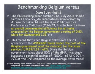 Benchmarking Belgium versus
                  Switzerland
    The ECB working paper number 242, July 2003 "Public
    Sector Efficiency_An International Comparison“ by
    Afonso, Schuknecht and Tanzi, on Public sectors
    Performance Indictors (Table II, in attachment) shows
    an overall governmental efficiency for all tasks
    executed by the Belgian government a rating of 0.83,
    while for Switzerland 1.33. (*)
    This means that when Belgium takes over for its
    government the AVERAGE Swiss model, the cost of the
    Belgian government would be reduced, for the same
    service, to 0.83/1.33 = 62%. Since the Belgian
    government takes about 50% of the GNP, this study
    suggests a potential savings of (100% - 62%) X 50% =
    19% of the GNP compared to the average Swiss model.
(*) ECB working paper number 242, July 2003 "Public Sector Efficiency_An International
     Comparison“ by Afonso, Schuknecht and Tanzi http://www.pedz.uni-
    mannheim.de/daten/edz-ki/ezb/03/w-paper/ecbwp242.pdf
 