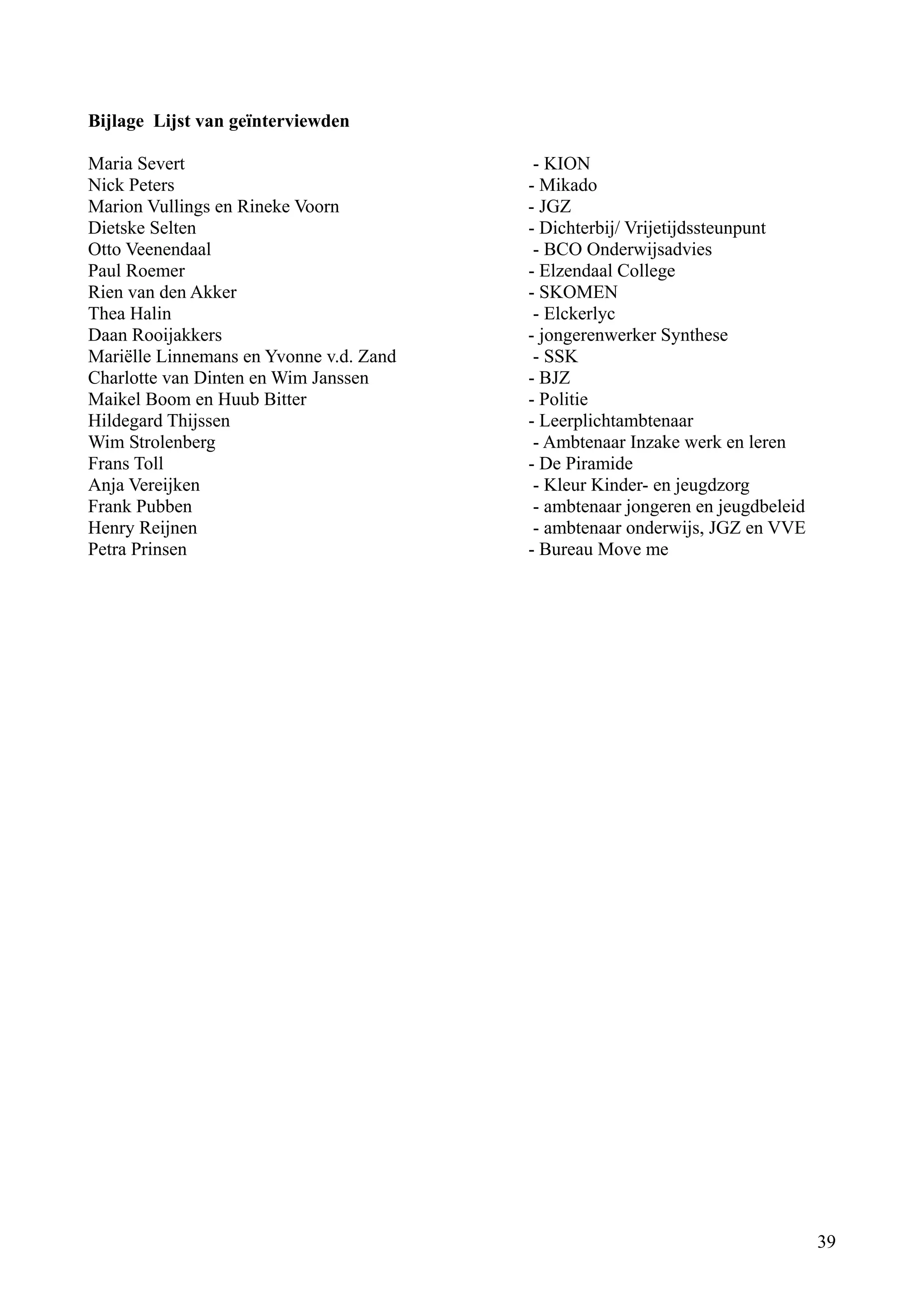 Bijlage Lijst van geïnterviewden

Maria Severt                              - KION
Nick Peters                              - Mikado
Marion Vullings en Rineke Voorn          - JGZ
Dietske Selten                           - Dichterbij/ Vrijetijdssteunpunt
Otto Veenendaal                           - BCO Onderwijsadvies
Paul Roemer                              - Elzendaal College
Rien van den Akker                       - SKOMEN
Thea Halin                                - Elckerlyc
Daan Rooijakkers                         - jongerenwerker Synthese
Mariëlle Linnemans en Yvonne v.d. Zand    - SSK
Charlotte van Dinten en Wim Janssen      - BJZ
Maikel Boom en Huub Bitter               - Politie
Hildegard Thijssen                       - Leerplichtambtenaar
Wim Strolenberg                           - Ambtenaar Inzake werk en leren
Frans Toll                               - De Piramide
Anja Vereijken                            - Kleur Kinder- en jeugdzorg
Frank Pubben                              - ambtenaar jongeren en jeugdbeleid
Henry Reijnen                             - ambtenaar onderwijs, JGZ en VVE
Petra Prinsen                            - Bureau Move me




                                                                                39
 