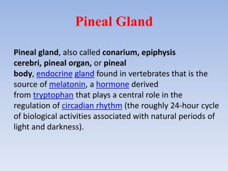 Pineal Gland
Pineal gland, also called conarium, epiphysis
cerebri, pineal organ, or pineal
body, endocrine gland found in vertebrates that is the
source of melatonin, a hormone derived
from tryptophan that plays a central role in the
regulation of circadian rhythm (the roughly 24-hour cycle
of biological activities associated with natural periods of
light and darkness).
 