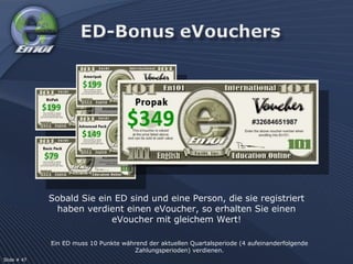 Sobald Sie ein ED sind und eine Person, die sie registriert haben verdient einen eVoucher, so erhalten Sie einen eVoucher mit gleichem Wert! Ein ED muss 10 Punkte während der aktuellen Quartalsperiode (4 aufeinanderfolgende Zahlungsperioden) verdienen. Slide # 47 