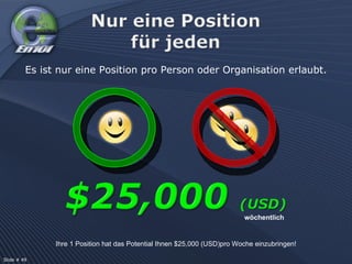 Ihre 1 Position hat das Potential Ihnen $25,000 (USD)pro Woche einzubringen! wöchentlich Es ist nur eine Position pro Person oder Organisation erlaubt. Slide # 49 