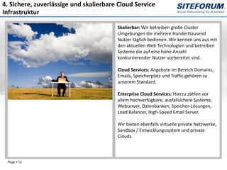 4. Sichere, zuverlässige und skalierbare Cloud Service
Infrastruktur

                                        Skalierbar: Wir betreiben große Cluster
                                        Umgebungen die mehrere Hunderttausend
                                        Nutzer täglich bedienen. Wir kennen uns aus mit
                                        den aktuellen Web Technologien und betreiben
                                        Systeme die auf eine hohe Anzahl
                                        konkurrierender Nutzer vorbereitet sind.

                                        Cloud Services: Angebote im Bereich Domains,
                                        Emails, Speicherplatz und Traffic gehören zu
                                        unserem Standard.

                                        Enterprise Cloud Services: Hierzu zählen vor
                                        allem hochverfügbare, ausfallsichere Systeme,
                                        Webserver, Datenbanken, Speicher-Lösungen,
                                        Load Balancer, High-Speed Email Server.

                                        Wir bieten ebenfalls virtuelle private Netzwerke,
                                        Sandbox / Entwicklungssystem und private
                                        Clouds.




 Page  12
 