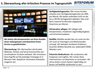 5. Überwachung aller kritischen Prozesse im Tagesgeschäft

                                                    Verfügbarkeitsgarantie: Alle unsere Kunden
                                                    erhalten eine Verfügbarkeitsgarantie von 98%
                                                    pro Monat. Wir bieten außerdem SLA’s an die
                                                    bis zu 99.9% Verfügbarkeit abbilden. Dies sind
                                                    dann maximal 45 Minuten ungeplante
                                                    Downtime pro Monat.

                                                    Infrastruktur pflegen: Wir pflegen alle
                                                    Komponenten, installieren regelmäßig Bugfixes
                                                    und Sicherheitsupdates.

  Wir bieten alle Komponenten um Ihren Kunden       Notfälle: Notfälle werden bei uns rund-um-die-
  einen reibungslosen und downtime-freien           Uhr auch an Feiertagen und Wochenenden
  Service zu gewährleisten.                         versorgt. Wir beheben Hardware Probleme,
                                                    tauschen defekte Bauteile aus, bekämpfen DDOS
  Überwachung: Wir überwachen alle Kunden           Attacken uvm.
  Websites, Portale und Social Communities von
  verschiedenen Punkten weltweit. Wir simulieren    Präventiv-Maßnahmen: Wir analysieren alle
  Gast-Zugriffe auf die jeweilige Frontpage im 5-   Ereignisse und Logfiles. Wir nutzen diese
  Minuten-Takt. Sobald wir Anomalien feststellen    Informationen um Downtime zu vermeiden. Wir
  reagieren wir.                                    stress-testen unsere System regelmäßig um
                                                    besser auf Notfälle vorbereitet zu sein.
 Page  13
 