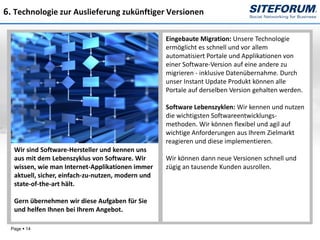 6. Technologie zur Auslieferung zukünftiger Versionen

                                                   Eingebaute Migration: Unsere Technologie
                                                   ermöglicht es schnell und vor allem
                                                   automatisiert Portale und Applikationen von
                                                   einer Software-Version auf eine andere zu
                                                   migrieren - inklusive Datenübernahme. Durch
                                                   unser Instant Update Produkt können alle
                                                   Portale auf derselben Version gehalten werden.

                                                   Software Lebenszyklen: Wir kennen und nutzen
                                                   die wichtigsten Softwareentwicklungs-
                                                   methoden. Wir können flexibel und agil auf
                                                   wichtige Anforderungen aus Ihrem Zielmarkt
                                                   reagieren und diese implementieren.
  Wir sind Software-Hersteller und kennen uns
  aus mit dem Lebenszyklus von Software. Wir       Wir können dann neue Versionen schnell und
  wissen, wie man Internet-Applikationen immer     zügig an tausende Kunden ausrollen.
  aktuell, sicher, einfach-zu-nutzen, modern und
  state-of-the-art hält.

  Gern übernehmen wir diese Aufgaben für Sie
  und helfen Ihnen bei Ihrem Angebot.

 Page  14
 
