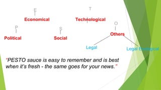 P
E
S
Political
Economical
Social
Technological
Others
“PESTO sauce is easy to remember and is best
when it’s fresh - the same goes for your news.”
Legal Legal Ecological
T
O
 