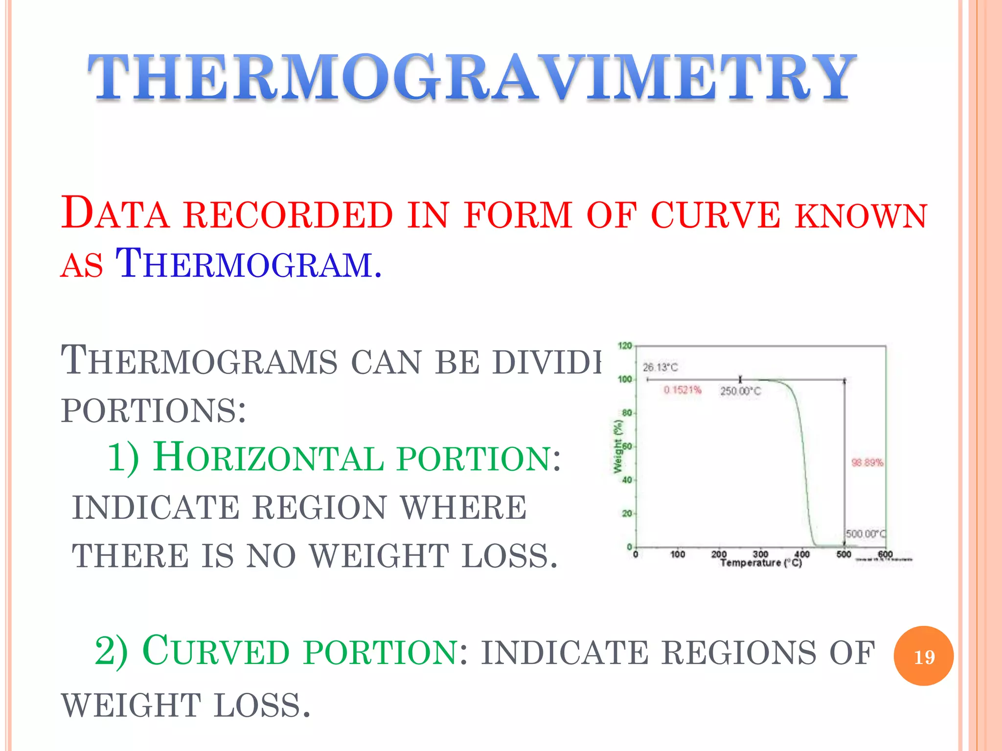 DATA RECORDED IN FORM OF CURVE KNOWN
AS THERMOGRAM.
THERMOGRAMS CAN BE DIVIDED INTO TWO
PORTIONS:
1) HORIZONTAL PORTION:
INDICATE REGION WHERE
THERE IS NO WEIGHT LOSS.
2) CURVED PORTION: INDICATE REGIONS OF
WEIGHT LOSS.
19
 
