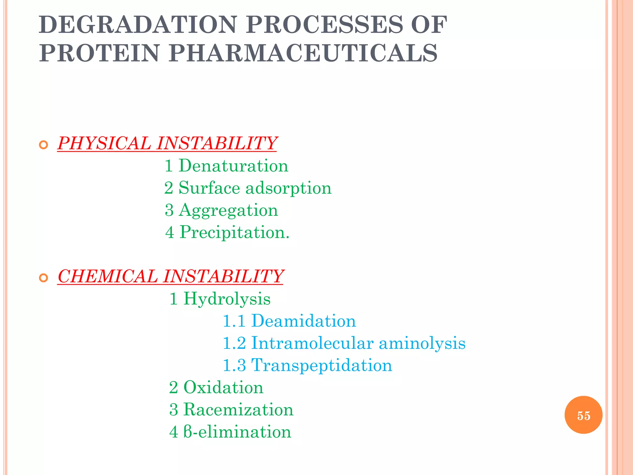 DEGRADATION PROCESSES OF
PROTEIN PHARMACEUTICALS
 PHYSICAL INSTABILITY
1 Denaturation
2 Surface adsorption
3 Aggregation
4 Precipitation.
 CHEMICAL INSTABILITY
1 Hydrolysis
1.1 Deamidation
1.2 Intramolecular aminolysis
1.3 Transpeptidation
2 Oxidation
3 Racemization
4 β-elimination
55
 