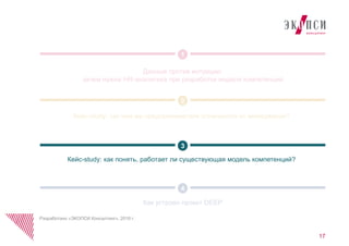 Данные против интуиции:
зачем нужна HR-аналитика при разработке модели компетенций
Как устроен проект DEEP
1
Кейс-study: как понять, работает ли существующая модель компетенций?
2
3
4
Кейс-study: так чем же предприниматели отличаются от менеджеров?
17
Разработано «ЭКОПСИ Консалтинг», 2016 г.
 