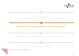 7
Данные против интуиции:
зачем нужна HR-аналитика при разработке модели компетенций
Как устроен проект DEEP
1
Кейс-study: как понять, работает ли существующая модель компетенций?
2
3
4
Кейс-study: так чем же предприниматели отличаются от менеджеров?
Разработано «ЭКОПСИ Консалтинг», 2016 г.
 