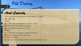 Pile Driving
Axial Capacity
The fundamental equation for axial capacity of pile is
Q U = Q b + Q s
Where
Q U = Ultimate Load carrying capacity of pile
Q b =End bearing resistance= q b A b
Q s = Skin friction resistance= f s A s
Where
q b = Ultimate unit bearing capacity at base
A b = Bearing area of the pile base
f s = Unit skin friction
A s = Surface area of the portion of pile embedded in soil.
24
 