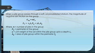 When a pile group passes through a soft, unconsolidated stratum, the magnitude of
negative skin friction on the group
𝑭 𝒏𝒈 = n𝑭 𝒏
𝑭 𝒏 = 𝒄 𝒖 𝑳 𝒄 𝑷 𝒈 + 𝜸𝑳 𝒄 𝑨 𝒈
Where, n = number of piles in the group
𝑷 𝒈 = perimeter of the group
𝜸 = unit weight of the soil within the pile group upto a depth 𝐿 𝑐
𝑨 𝒈 = area of pile group within the perimeter 𝑃𝑔
50
 