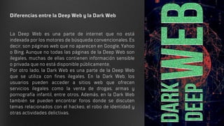 Diferencias entre la Deep Web y la Dark Web
La Deep Web es una parte de internet que no está
indexada por los motores de búsqueda convencionales. Es
decir, son páginas web que no aparecen en Google, Yahoo
o Bing. Aunque no todas las páginas de la Deep Web son
ilegales, muchas de ellas contienen información sensible
o privada que no está disponible públicamente.
Por otro lado, la Dark Web es una parte de la Deep Web
que se utiliza con fines ilegales. En la Dark Web, los
usuarios pueden acceder a sitios web que ofrecen
servicios ilegales como la venta de drogas, armas y
pornografía infantil, entre otros. Además, en la Dark Web
también se pueden encontrar foros donde se discuten
temas relacionados con el hackeo, el robo de identidad y
otras actividades delictivas.
 