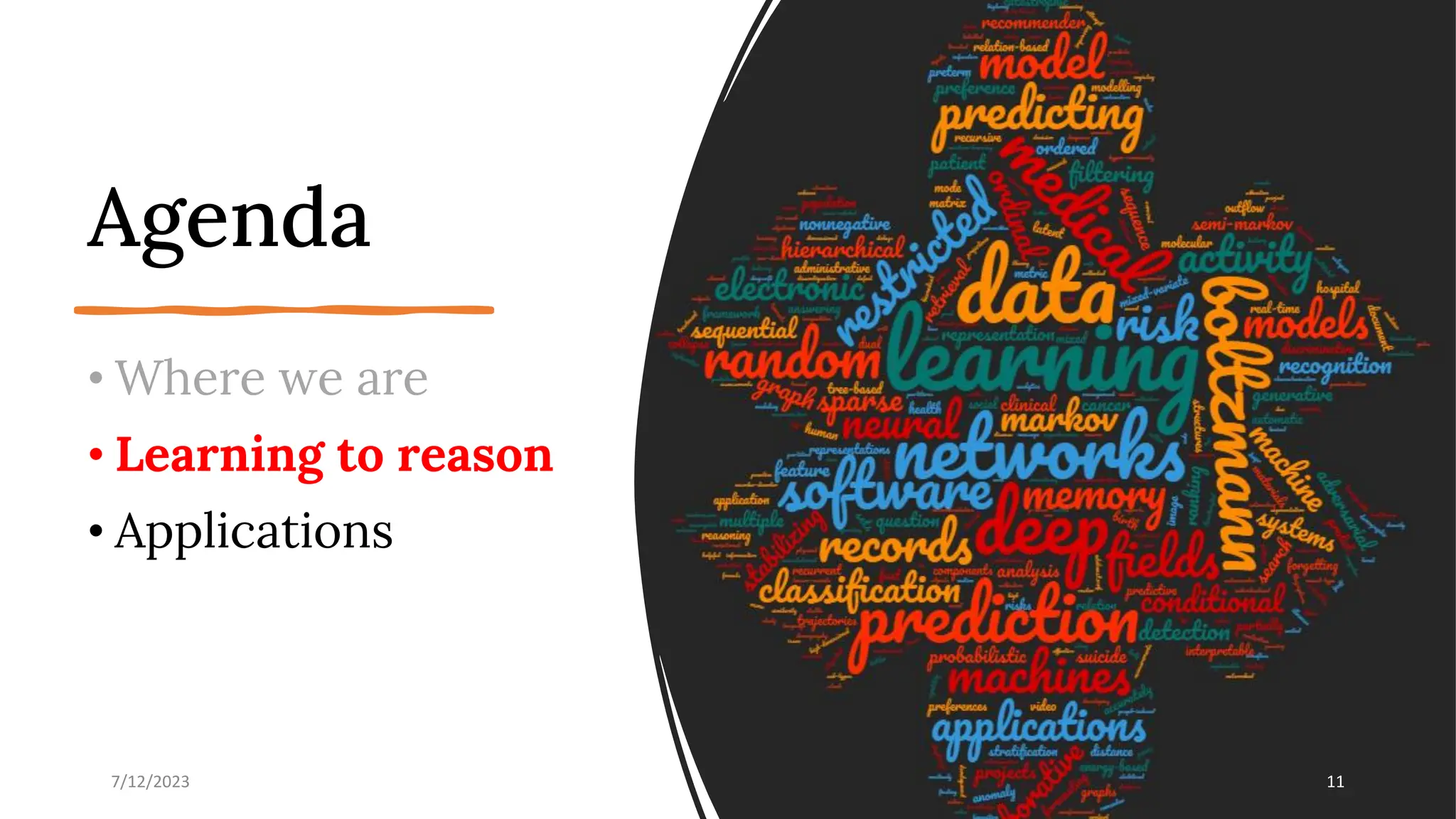 Agenda
• Where we are
• Learning to reason
• Applications
7/12/2023 11
 