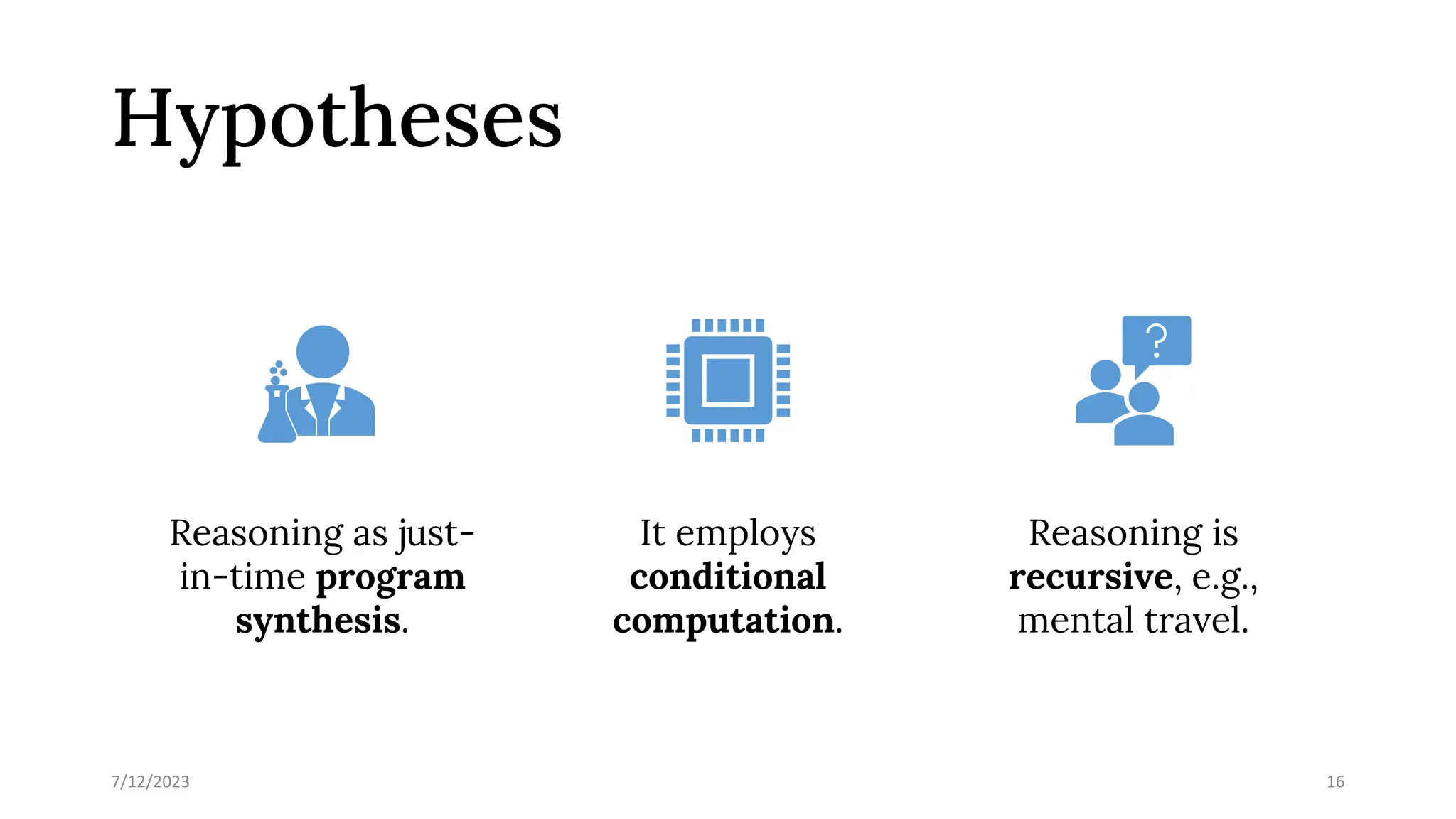 Hypotheses
Reasoning as just-
in-time program
synthesis.
It employs
conditional
computation.
Reasoning is
recursive, e.g.,
mental travel.
7/12/2023 16
 