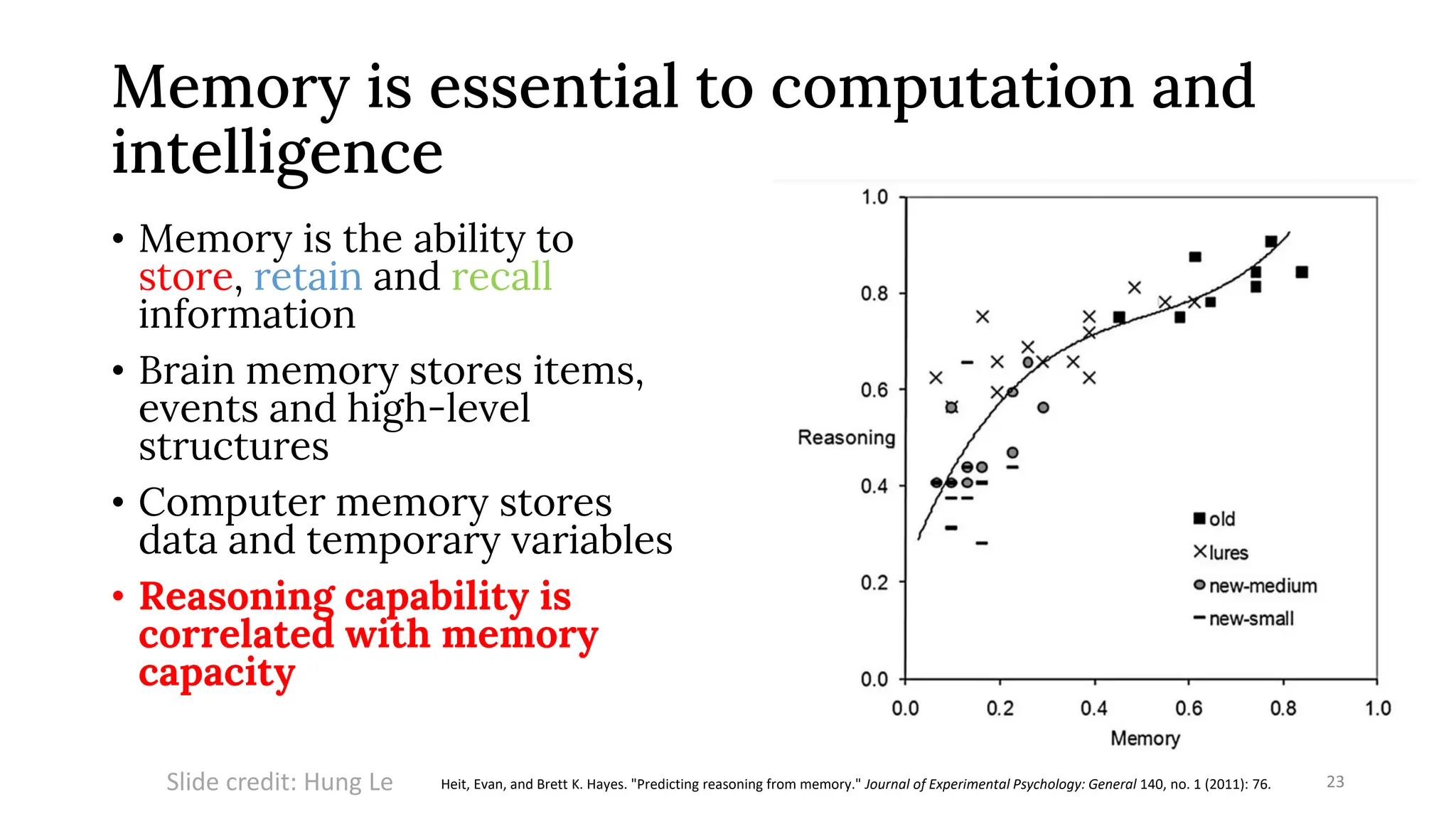 Memory is essential to computation and
intelligence
• Memory is the ability to
store, retain and recall
information
• Brain memory stores items,
events and high-level
structures
• Computer memory stores
data and temporary variables
• Reasoning capability is
correlated with memory
capacity
23
Slide credit: Hung Le Heit, Evan, and Brett K. Hayes. "Predicting reasoning from memory." Journal of Experimental Psychology: General 140, no. 1 (2011): 76.
 