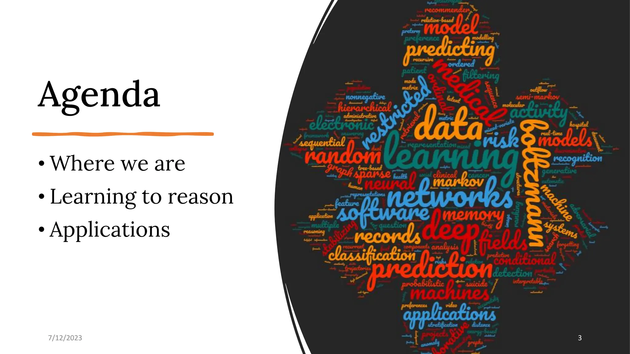 Agenda
• Where we are
• Learning to reason
• Applications
7/12/2023 3
 