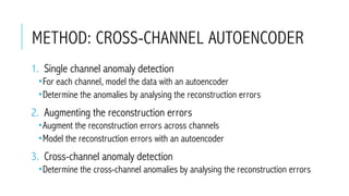 METHOD: CROSS-CHANNEL AUTOENCODER
1.  Single channel anomaly detection
­ For each channel, model the data with an autoencoder
­ Determine the anomalies by analysing the reconstruction errors
2.  Augmenting the reconstruction errors
­ Augment the reconstruction errors across channels
­ Model the reconstruction errors with an autoencoder
3.  Cross-channel anomaly detection
­ Determine the cross-channel anomalies by analysing the reconstruction errors
 