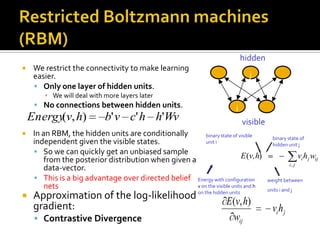 Restricted Boltzmann machines (RBM)binary state of visible unit ihiddenbinary state of hidden unit jWe restrict the connectivity to make learning easier.Only one layer of hidden units.We will deal with more layers laterNo connections between hidden units.In an RBM, the hidden units are conditionally independent given the visible states.  So we can quickly get an unbiased sample from the posterior distribution when given a data-vector.This is a big advantage over directed belief netsApproximation of the log-likelihood gradient: Contrastive DivergencejivisibleEnergy with configuration v on the visible units and h on the hidden unitsweight between units i and j