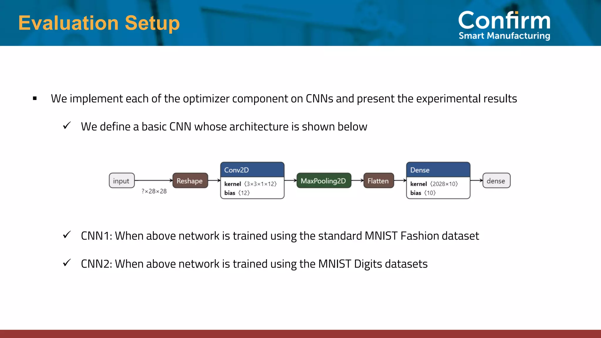 Evaluation Setup ▪ We implement each of the optimizer component on CNNs and present the experimental results ✓ We define a basic CNN whose architecture is shown below ✓ CNN1: When above network is trained using the standard MNIST Fashion dataset ✓ CNN2: When above network is trained using the MNIST Digits datasets 