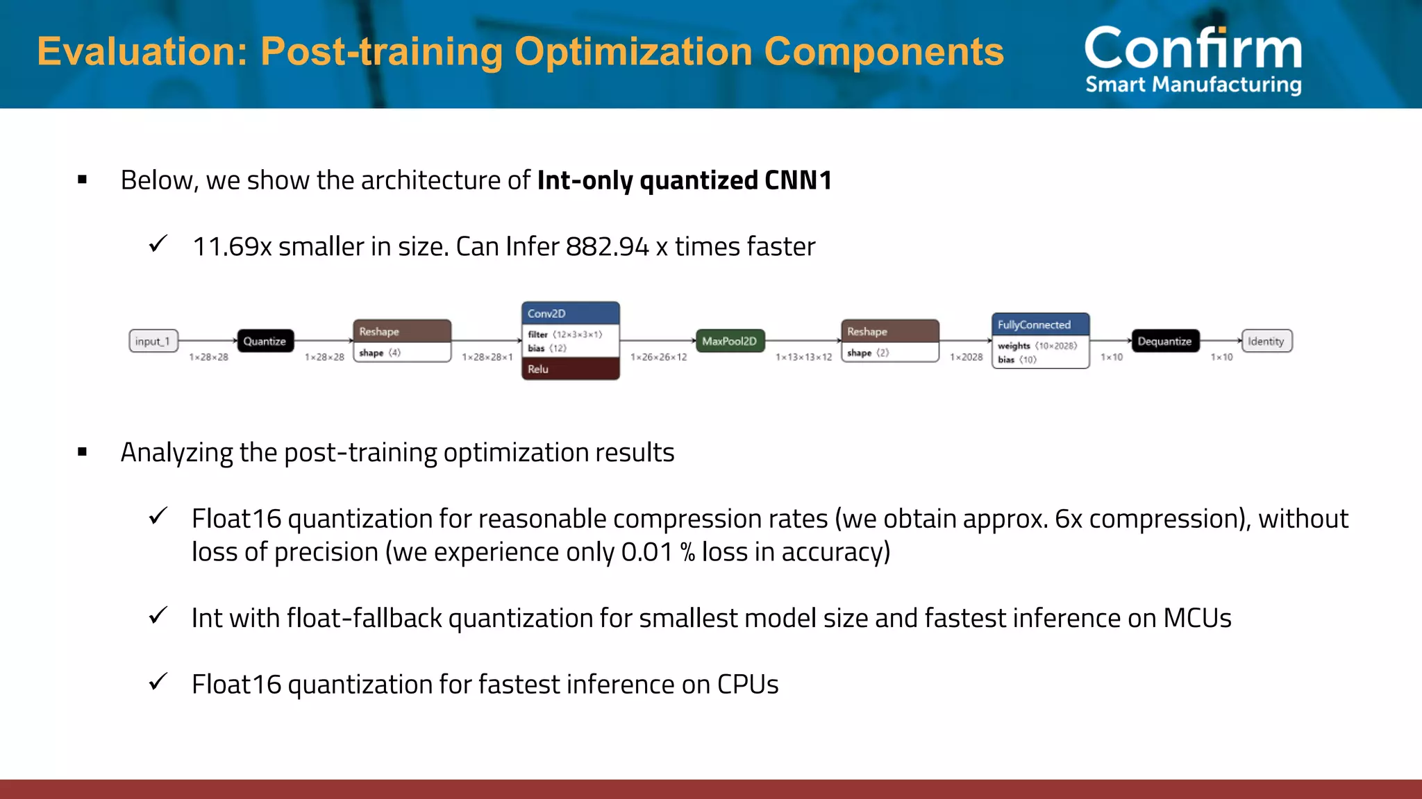 Evaluation: Post-training Optimization Components ▪ Below, we show the architecture of Int-only quantized CNN1 ✓ 11.69x smaller in size. Can Infer 882.94 x times faster ▪ Analyzing the post-training optimization results ✓ Float16 quantization for reasonable compression rates (we obtain approx. 6x compression), without loss of precision (we experience only 0.01 % loss in accuracy) ✓ Int with float-fallback quantization for smallest model size and fastest inference on MCUs ✓ Float16 quantization for fastest inference on CPUs 