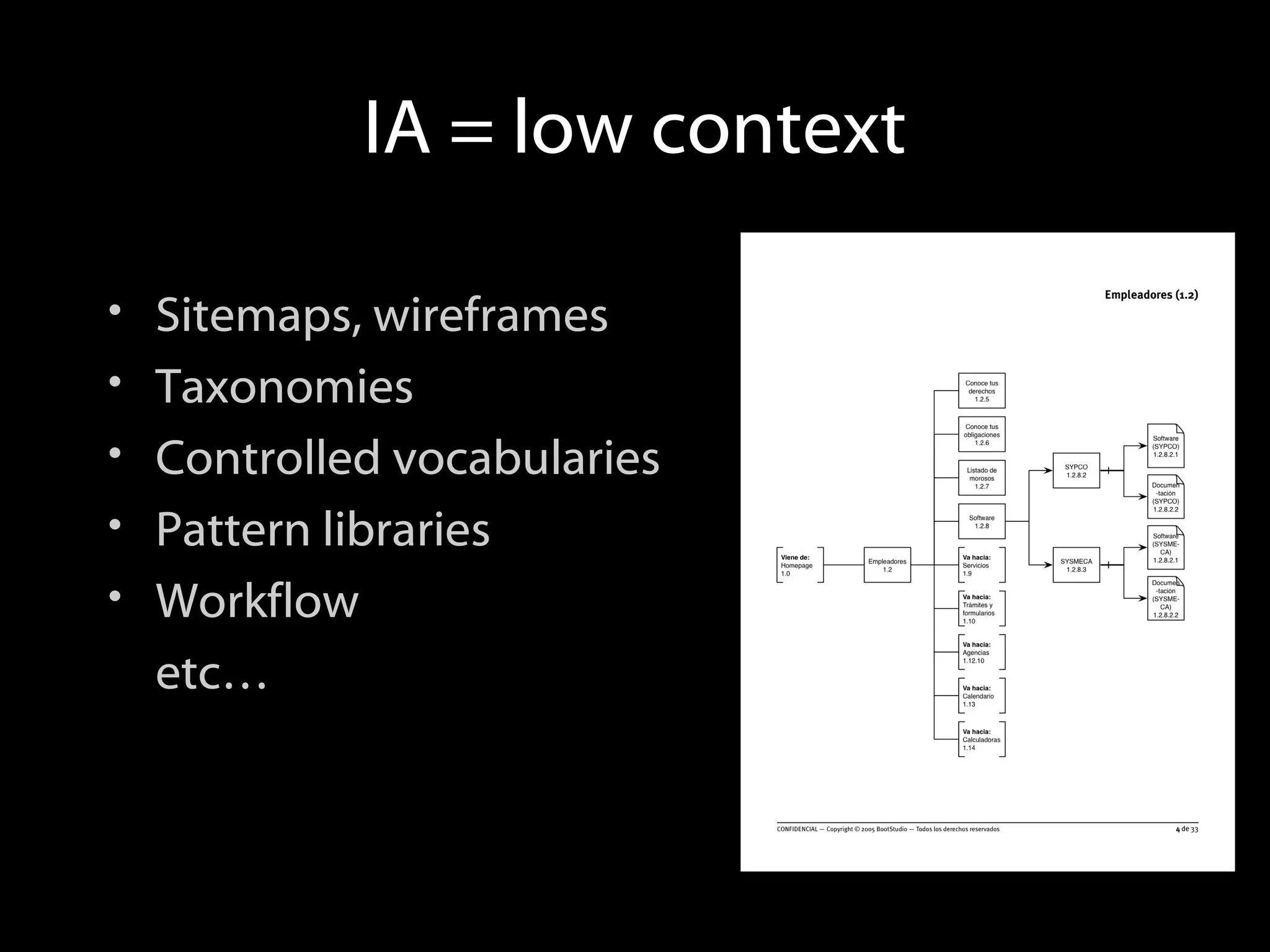 IA = low context Sitemaps, wireframes Taxonomies Controlled vocabularies Pattern libraries Workflow etc…