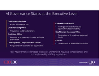 11
© IDC |
AI Governance Starts at the Executive Level
Chief Financial Officer
• AI cost and financial risk
Chief Marketing Office
• AI customer and brand charters
Chief Data Officer
• Evolution of AI governance charter and data
governance
Chief Legal and Compliance/Risk Officer
• AI legal and risk factors for the organization
Chief Financial Officer
• AI cost and financial risk
Chief Marketing Office
• AI customer and brand charters
Chief Data Officer
• Evolution of AI governance charter and data
governance
Chief Legal and Compliance/Risk Officer
• AI legal and risk factors for the organization
Chief Executive Officer
• The AI governance charter and
organizational accountability
Chief Human Resources Office
• The creation of AI employee policy and
charter
CIO/CTO
• The evolution of adversarial robustness
Chief Executive Officer
• The AI governance charter and
organizational accountability
Chief Human Resources Office
• The creation of AI employee policy and
charter
CIO/CTO
• The evolution of adversarial robustness
Poor AI governance increases the risk of unintended, negative consequences and
is complicated by shifting regulations
 
