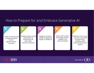 Create an environment
of experimentation
for the
right/prioritized
use cases
Create an environment
of experimentation
for the
right/prioritized
use cases
1
Develop policies around
responsible use
of generative AI
and inhibit
nefarious scenarios
Develop policies around
responsible use
of generative AI
and inhibit
nefarious scenarios
2
Engage in proactive
change management
impact on workforce
Engage in proactive
change management
impact on workforce
3
Partner with trusted
technology solution
suppliers and
service providers
Partner with trusted
technology solution
suppliers and
service providers
4
Prepare for fine-tuning
prompt tuning skills
through hiring,
reskilling and/or
professional services
support
Prepare for fine-tuning
prompt tuning skills
through hiring,
reskilling and/or
professional services
support
5
How to Prepare for and Embrace Generative AI
10
© IDC |
 